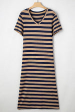 Casual Striped V-Neck Midi T-Shirt Dress