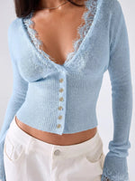 Lace-Trimmed V-Neck Button-Down Cardigan