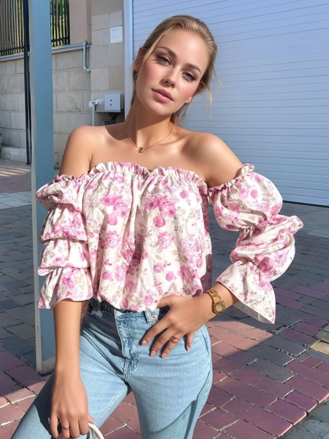 Printed Off-Shoulder Flounce Sleeve Blouse - Ladyez