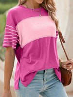 Color Block Striped Sleeve Casual T-Shirt - Ladyez