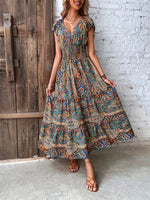 Printed V-Neck Cap Sleeve Dress
