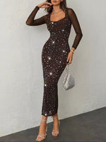 Rhinestone Embellished Mesh Long Sleeve Dress