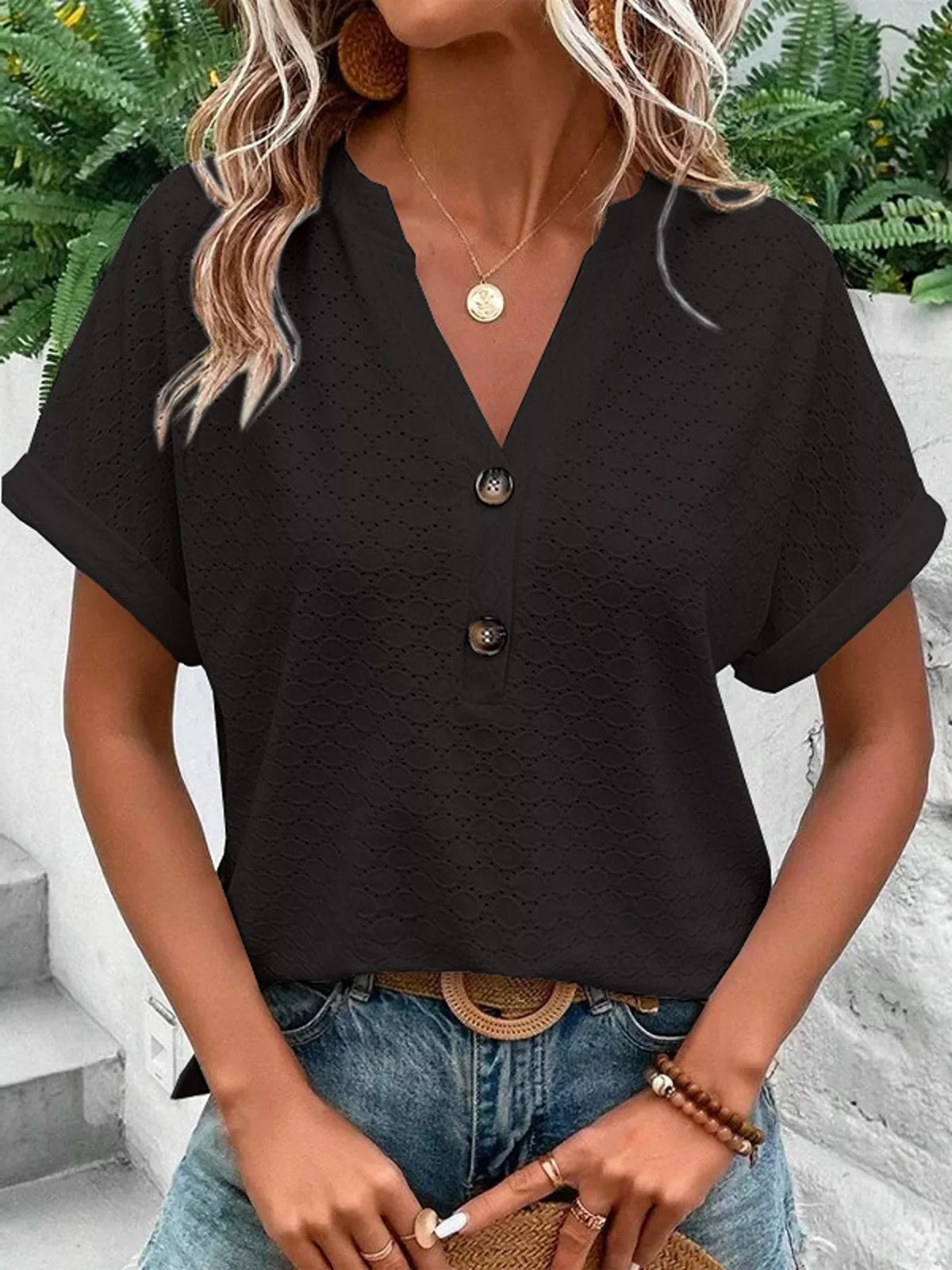 Notched Short Sleeve Top