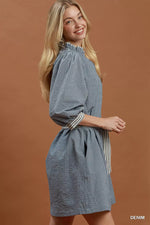 Umgee Textured Contrast Trim Tie Waist Mini Dress