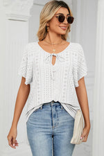 Eyelet Tie Neck Flutter Sleeve Blouse