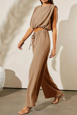 Solid Color Keyhole Puffy Tank Drawstring Loose Pants 2pcs Outfit