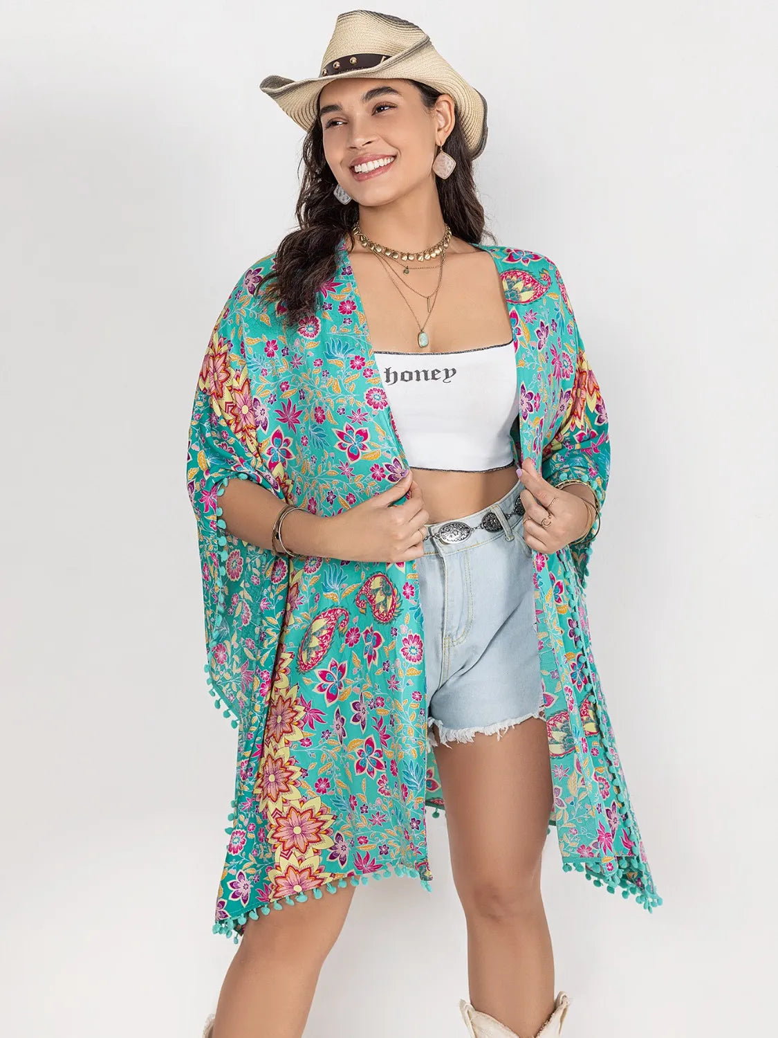 Plus Size Printed Open Front Cover-Up - Ladyez