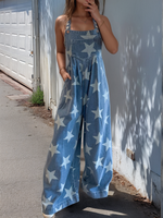 Star Print Buttoned Strap Wide Leg Denim Overalls - Ladyez