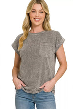 Zenana Halo Snow Washed Cuffed Short Sleeve Tee