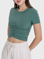 Millennia Ruched Round Neck Short Sleeve Active T-Shirt - Ladyez