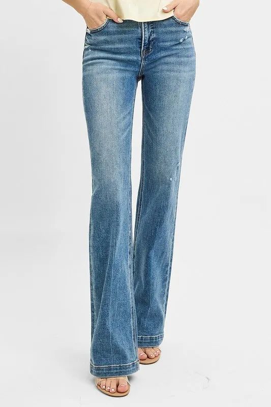 RISEN Full Size Distressed Detail Bootcut Jeans Plus Size - Ladyez