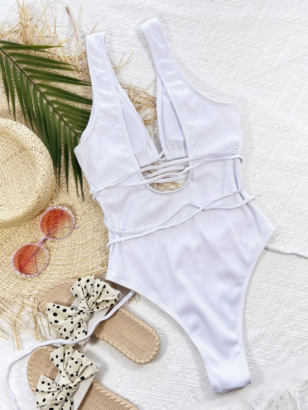 Ribbed Lace Up One-Piece Swimsuit - Ladyez