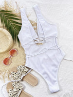 Ribbed Lace Up One-Piece Swimsuit - Ladyez
