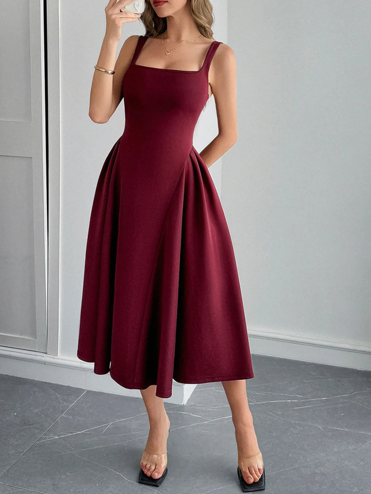 Square Neck Wide Strap Midi Dress - Ladyez