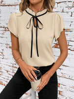 Tie Neck Short Sleeve Blouse