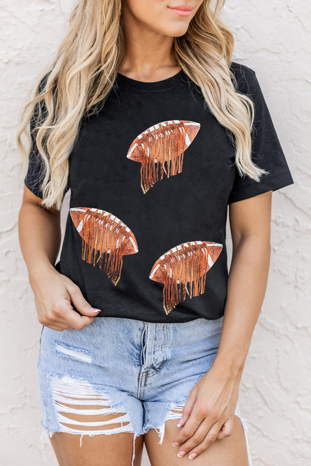 Sequin Football Round Neck Short Sleeve T-Shirt - Ladyez