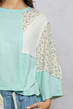 POL Exposed Seam Floral Patchwork Round Neck Textured Slub Knit Top