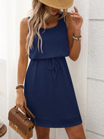 Waffle-Knit Drawstring Mini Tank Dress - Ladyez
