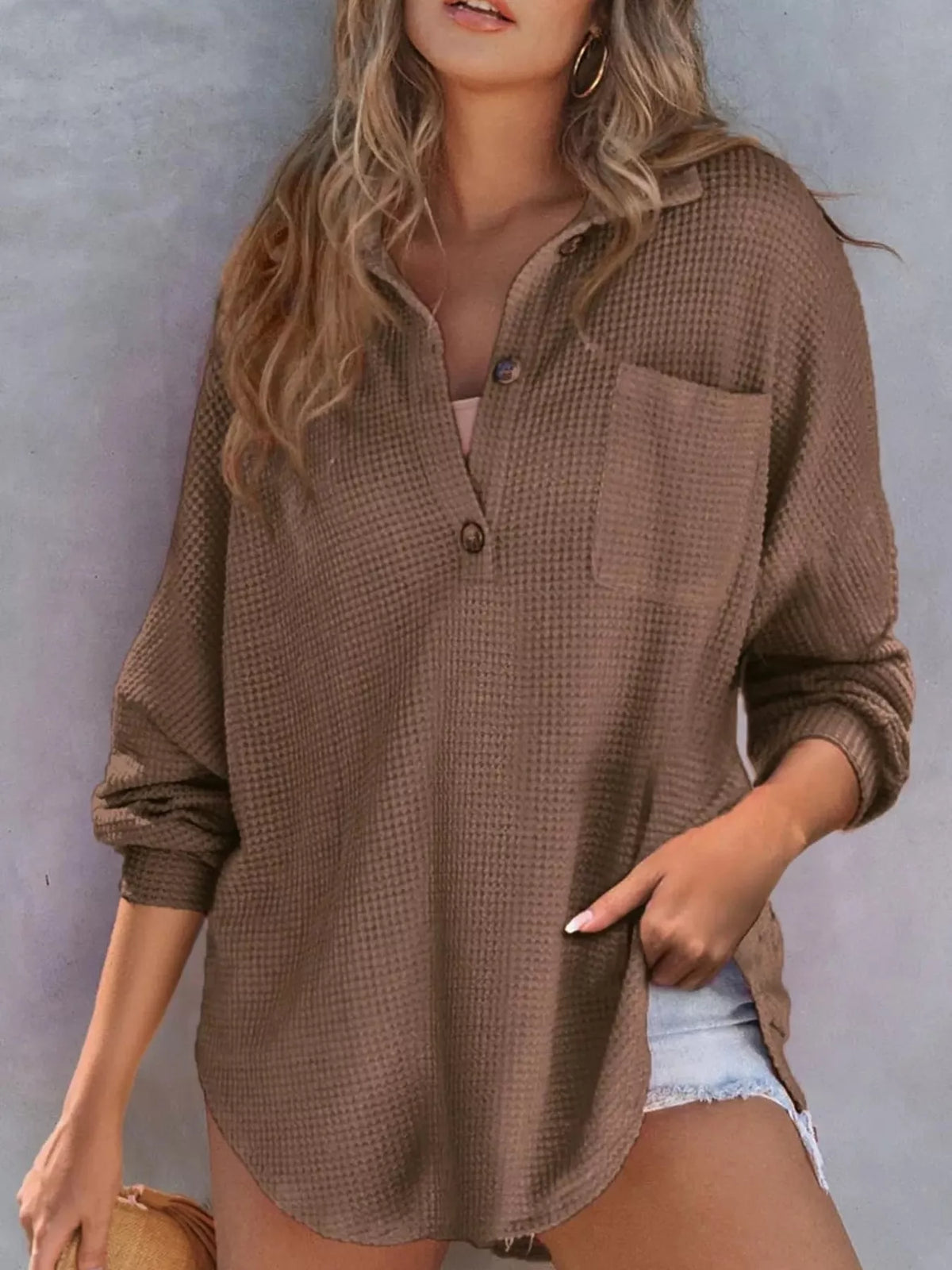Casual Waffle Knit Button Detail Blouse