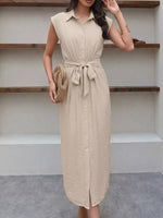 Sleeveless Button-Down Tie Waist Midi Dress
