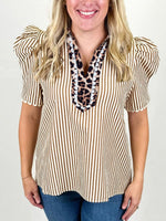 Stripe Ricrac Trim Short Puff Sleeve Leopard Patchwork Collar V Neck Blouse