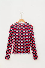 Plaid Heart Mesh Sheer Long Sleeve High Neck Top