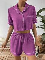 Ivy Lane Contrast Lapel Collar Cropped Shirt and Shorts Lounge Set - Ladyez
