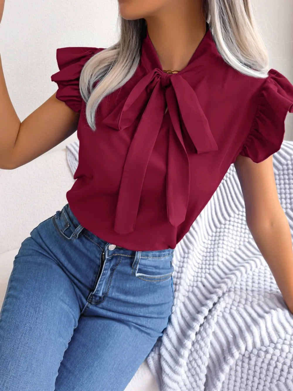 TieNeck Cap Sleeve Blouse