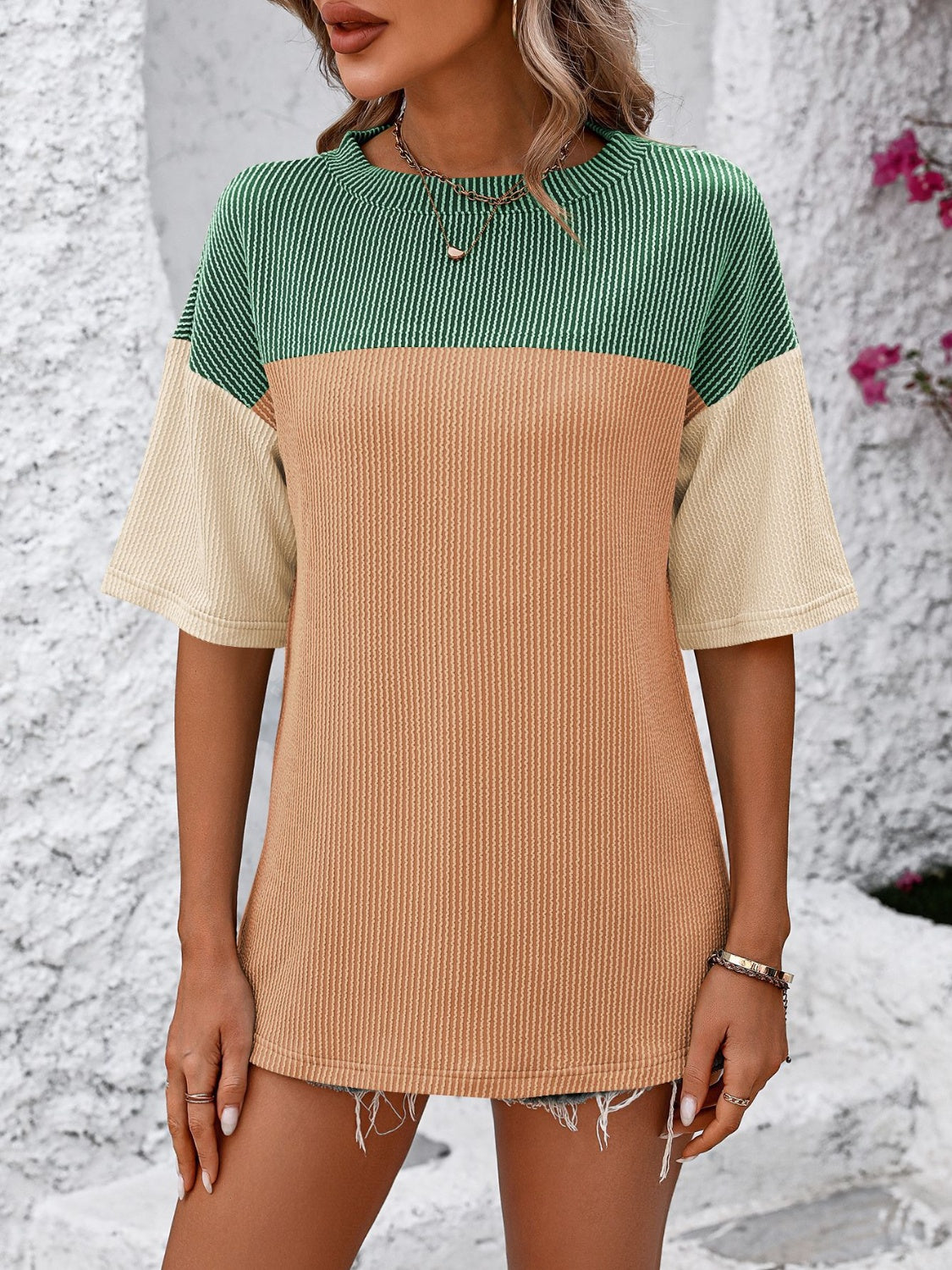 Mandy Color Block Round Neck Half Sleeve T-Shirt - Ladyez