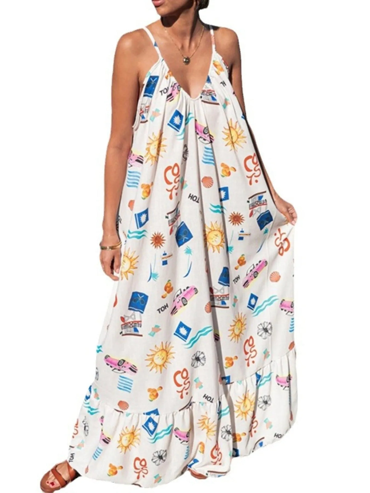 Printed V-neck Summer Maxi Dress - Ladyez