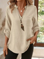 Casual Notched Roll-Up Sleeve Pocket Blouse