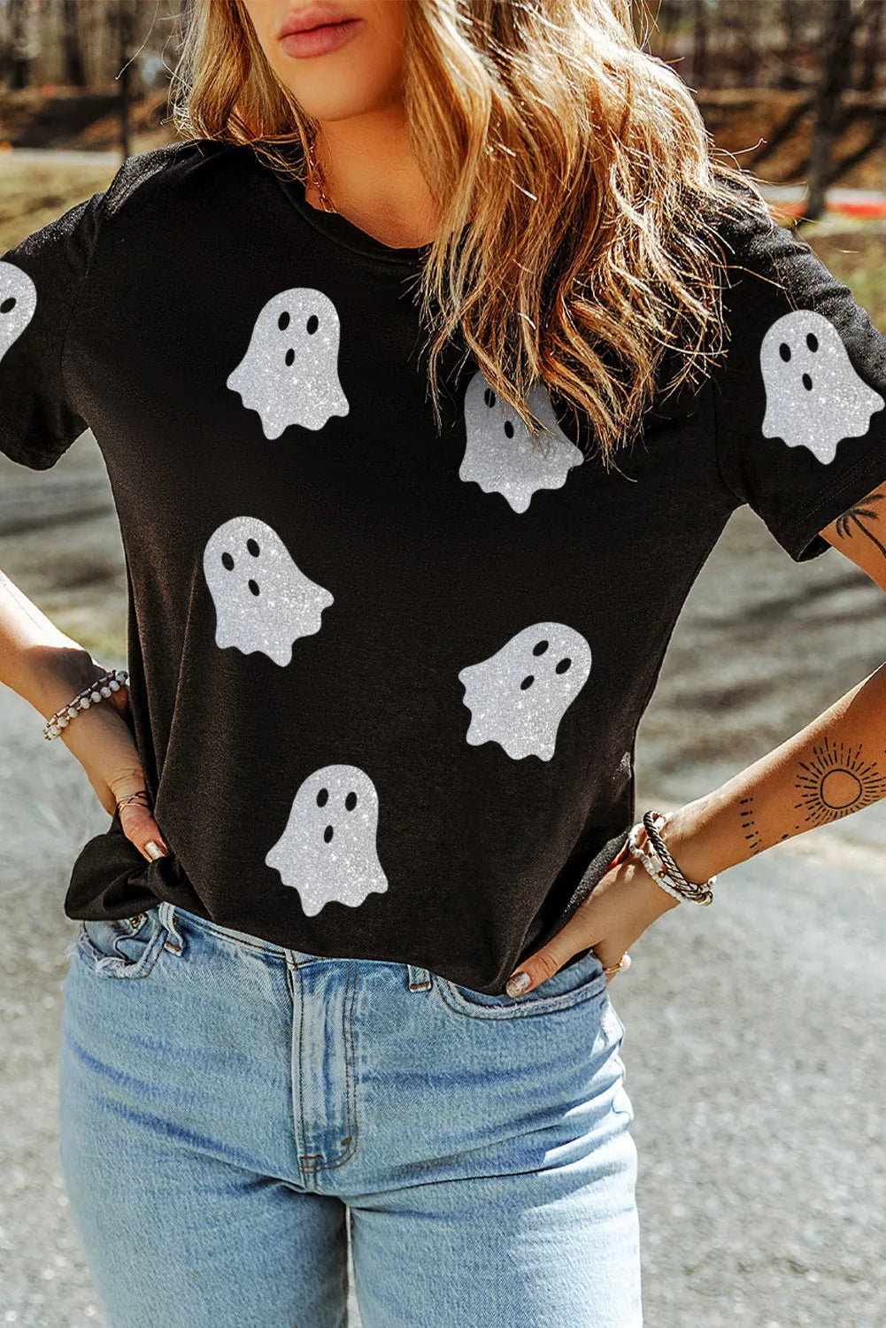Glitter Ghost Round Neck Short Sleeve T-Shirt - Ladyez
