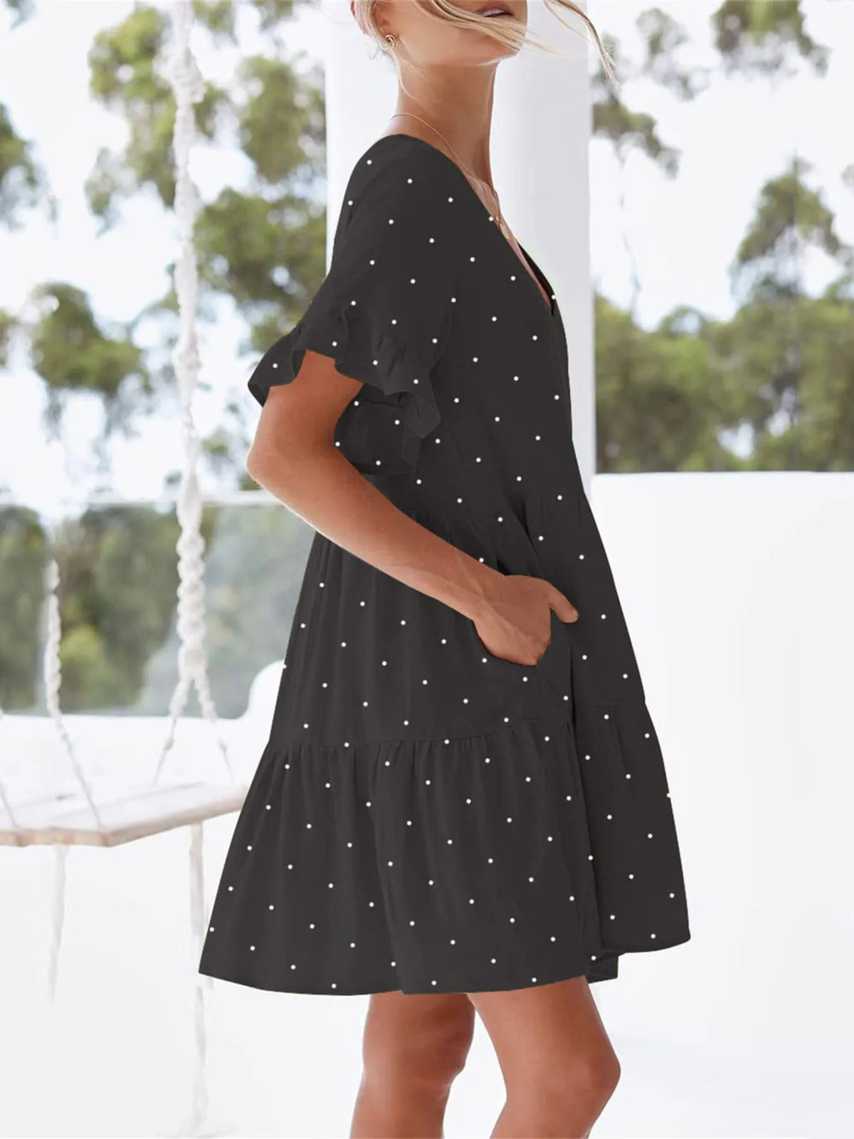 Polka Dot V-Neck Short Sleeve Mini Dress - Ladyez