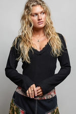 POL V-Neck Long Sleeve Ribbed Top with Lace-Accent Neckband
