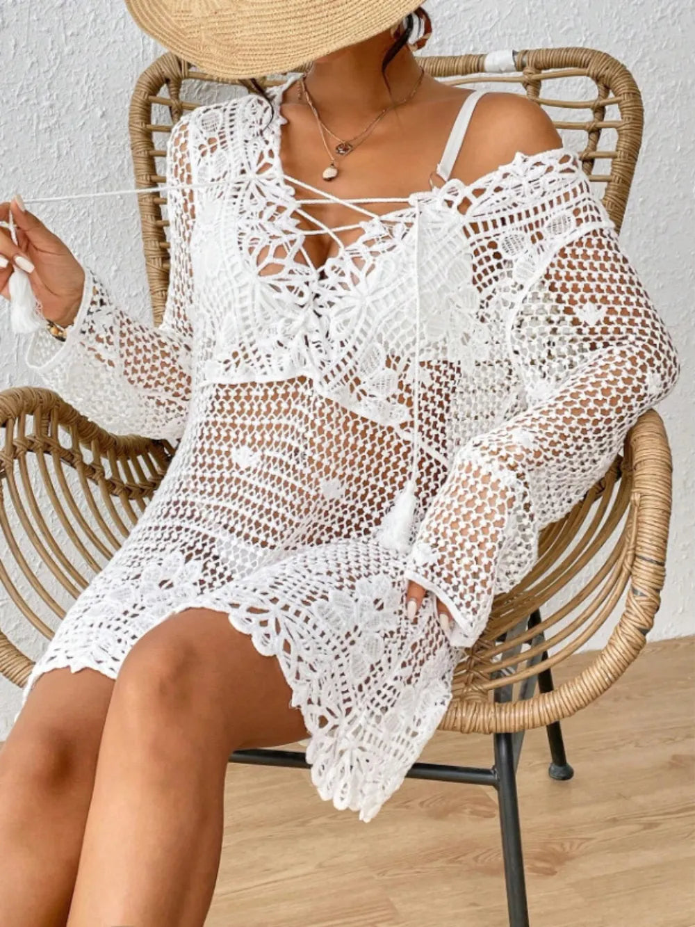 Cutout Tied V-Neck Long Sleeve Cover Up - Ladyez