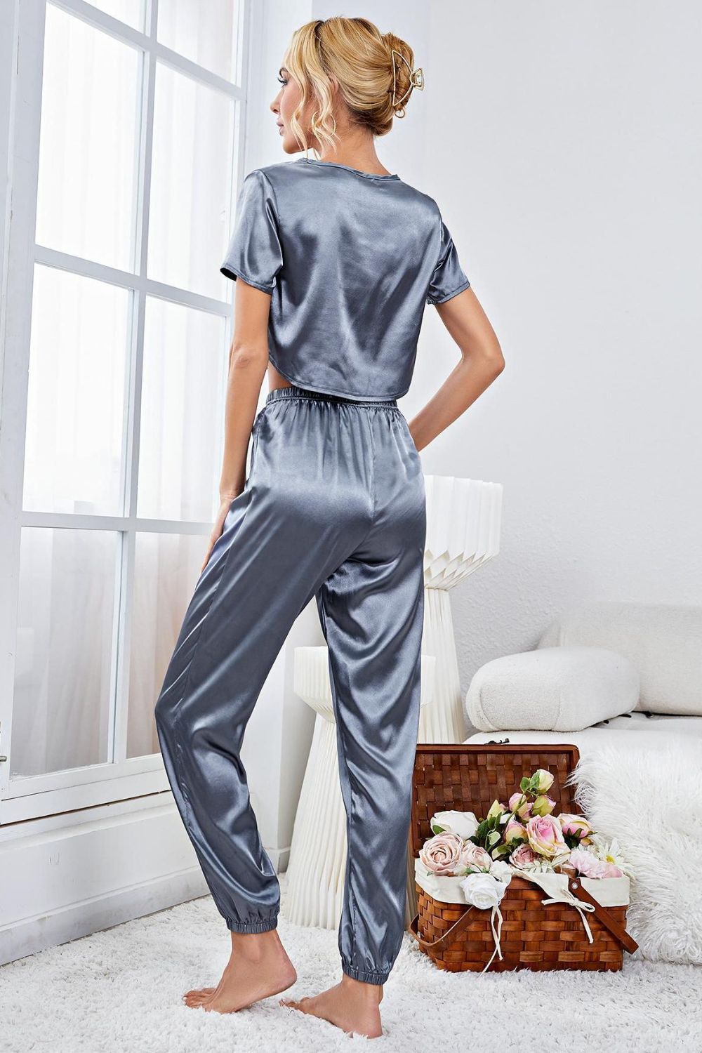 Satin Short Sleeve Crop Top and Joggers Lounge Set - Ladyez