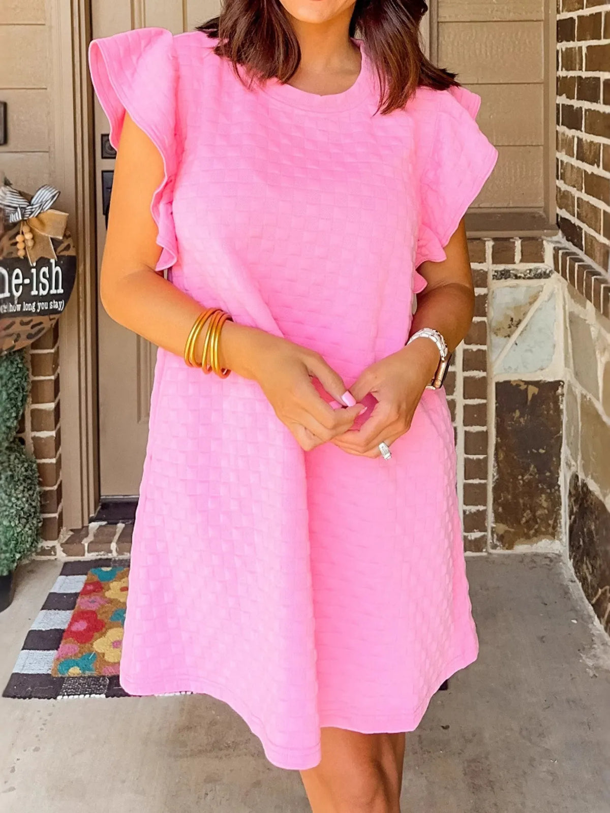 Textured Ruffle Sleeve Casual Summer Dress