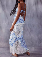 Lace Floral Print Ruffle Trim Maxi Dress