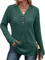 Full Size Ribbed Knit Button Detail Hooded Top Plus Size