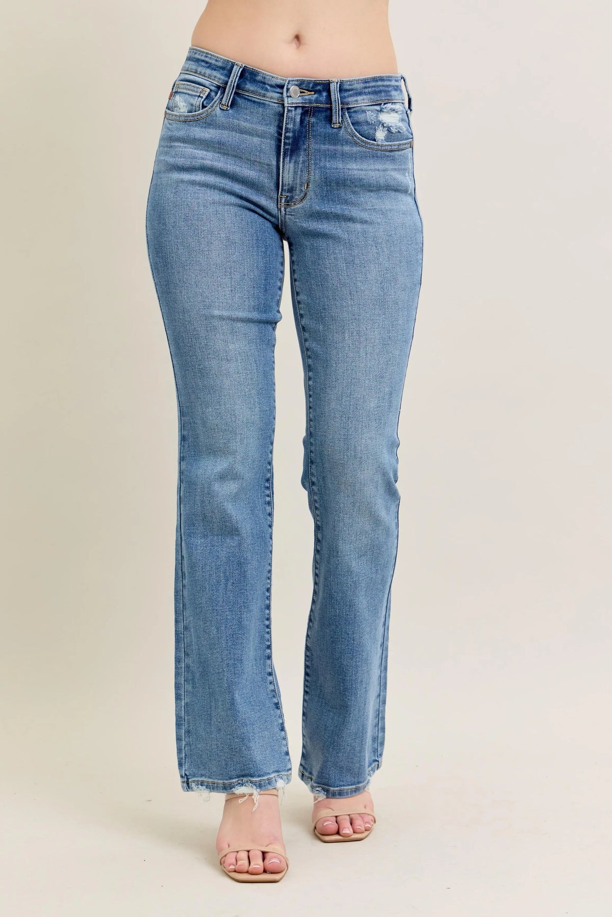 Judy Blue Full Size Mid Rise Wash Destroy Hem Bootcut Jeans Plus Size - Ladyez
