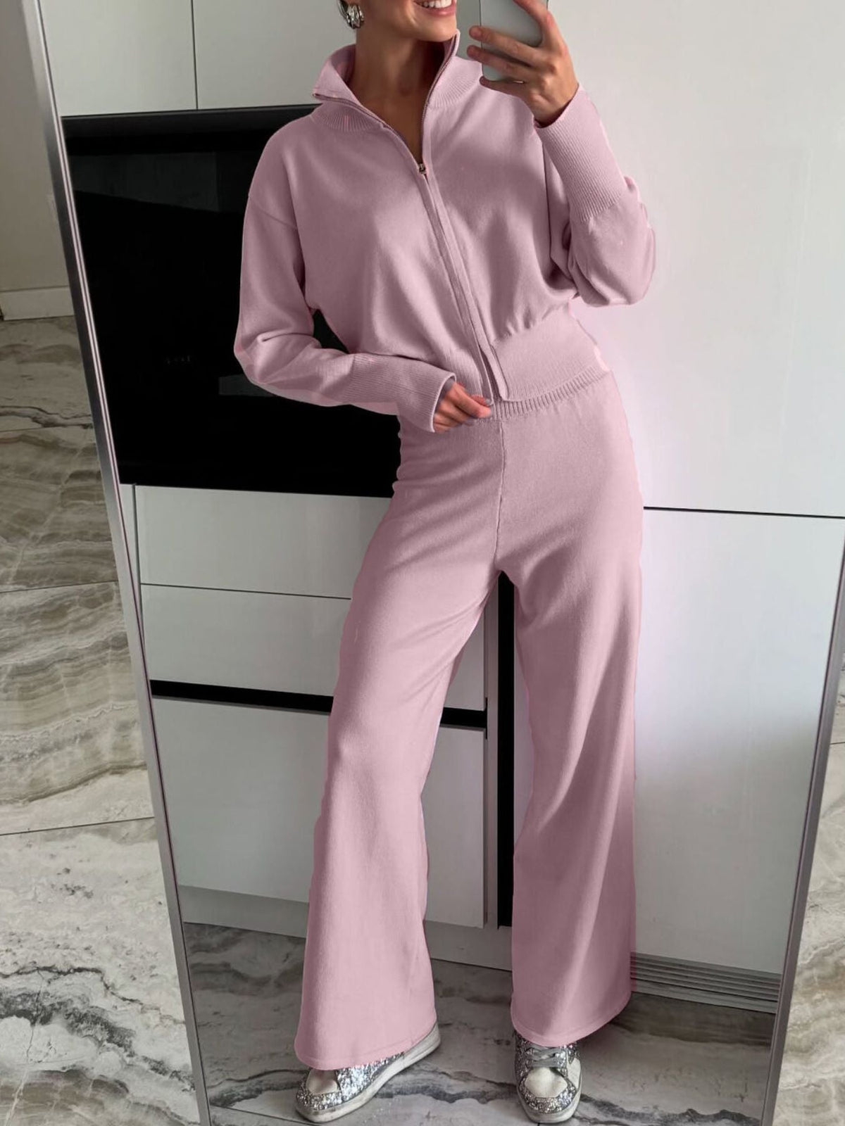 Zip Up Outerwear and Wide Leg Pants Set