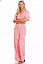 Zenana Woven Airflow Twisted Top & Wide Leg Pants Set