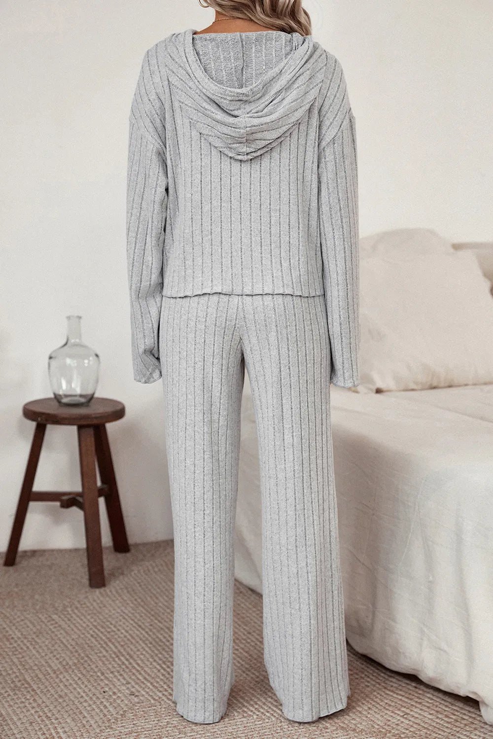 Ribbed Drawstring Hoodie and Pants Lounge Set - Ladyez
