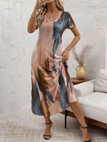 Tie-Dye V-Neck Short Sleeve Midi Tee Dress - Ladyez
