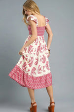 Umgee Printed Smocked Midi Dress with Ruffle Details