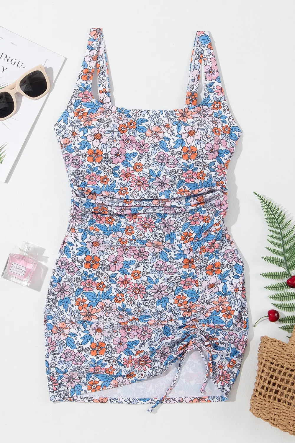 Drawstring Printed Wide Strap Swim Dress - Ladyez