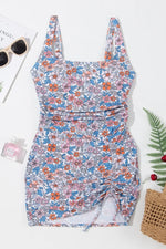 Drawstring Printed Wide Strap Swim Dress - Ladyez