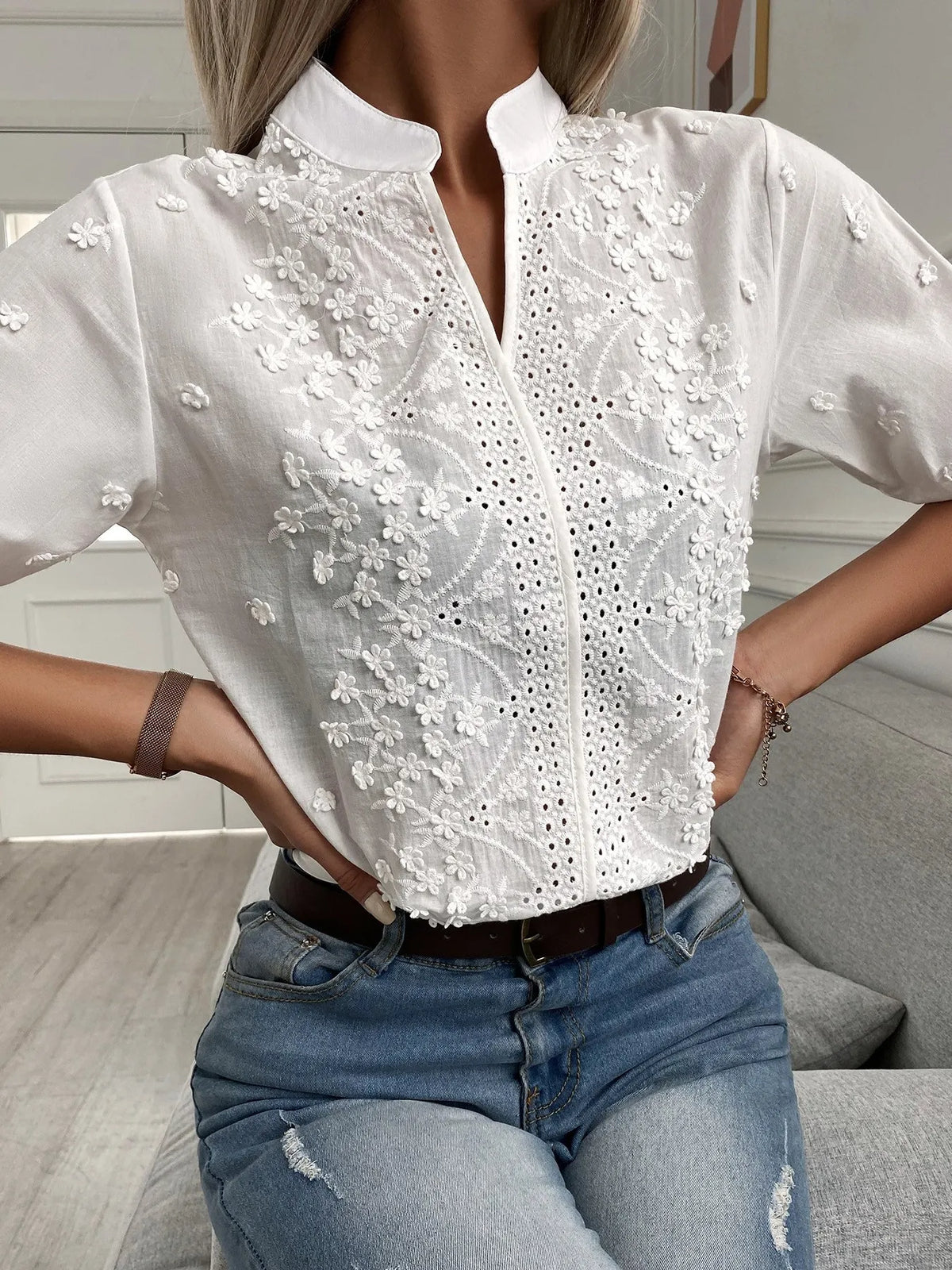 Embroidered Eyelet Notched Half Sleeve Blouse - Ladyez