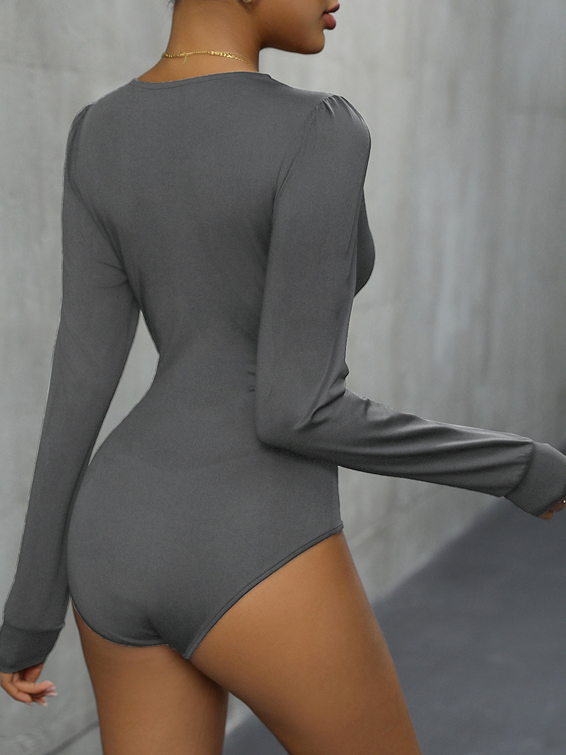 Perfee Lace Detail Plunge Long Sleeve Bodysuit - Ladyez