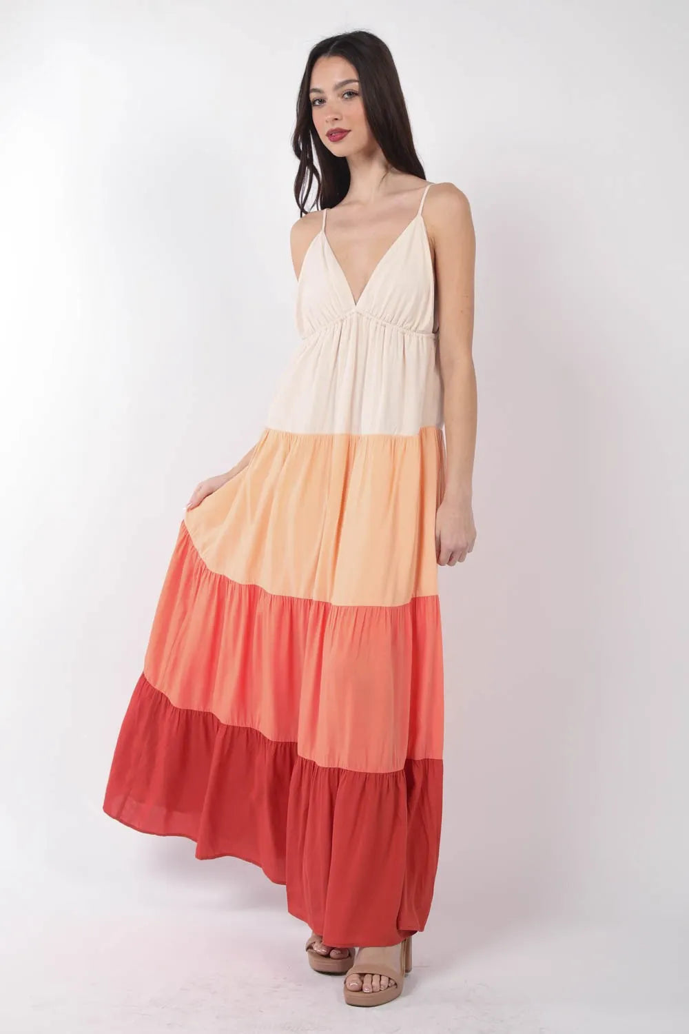 VERY J Color Block Tiered Maxi Cami Dress - Ladyez